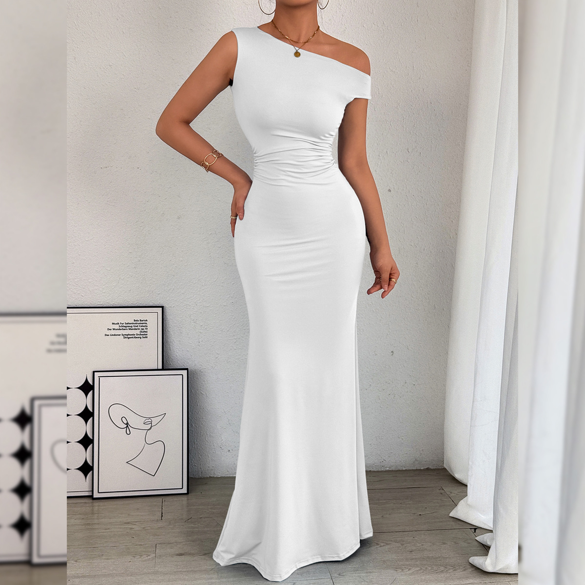 2026 Cross-border women's fish tail dress from Europe and America, Amazon bestseller, off-the-shoulder collar, waist pleated sleeveless sexy dress Specification drawing