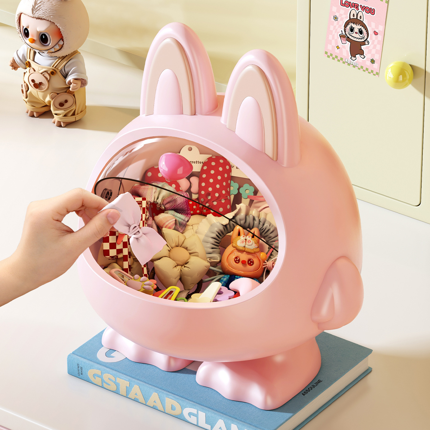 Desktop hair accessory storage box, creative and girlish style, cute, multi-functional, large capacity, hair accessory headband, cover, hair band organization Specification image