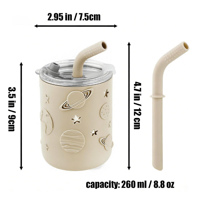 Cross-border stainless steel children's water cup with lid, straw water cup, baby with silicone sleeve, shock-resistant drinking training cup Item Picture