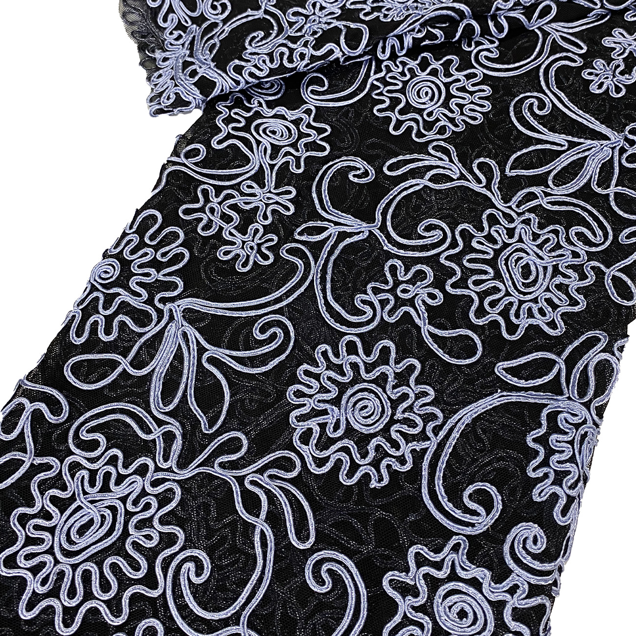 Factory stock of new three-dimensional ribbon embroidered lace mesh fabric for wedding dresses and evening gowns with strand embroidery