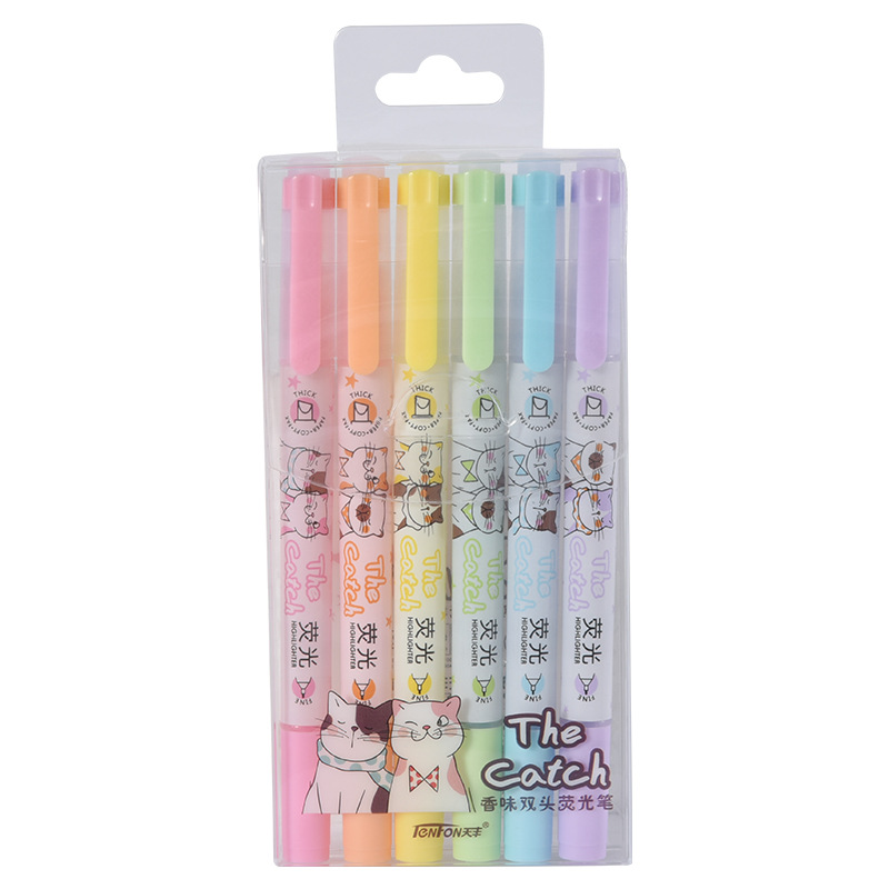 Tianfeng Double-headed Single-color Highlighter 2303 Scented Double-headed Highlighter Markers 6 pieces per bag, with bright colors Application Scenario