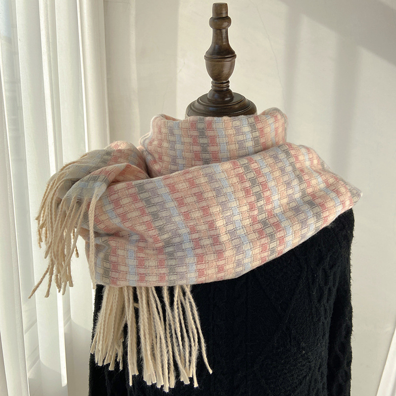 Wholesale of the 2021 new Korean style colorful checkered student warm and thick scarf, faux cashmere tassel shawl from street stalls Specification image