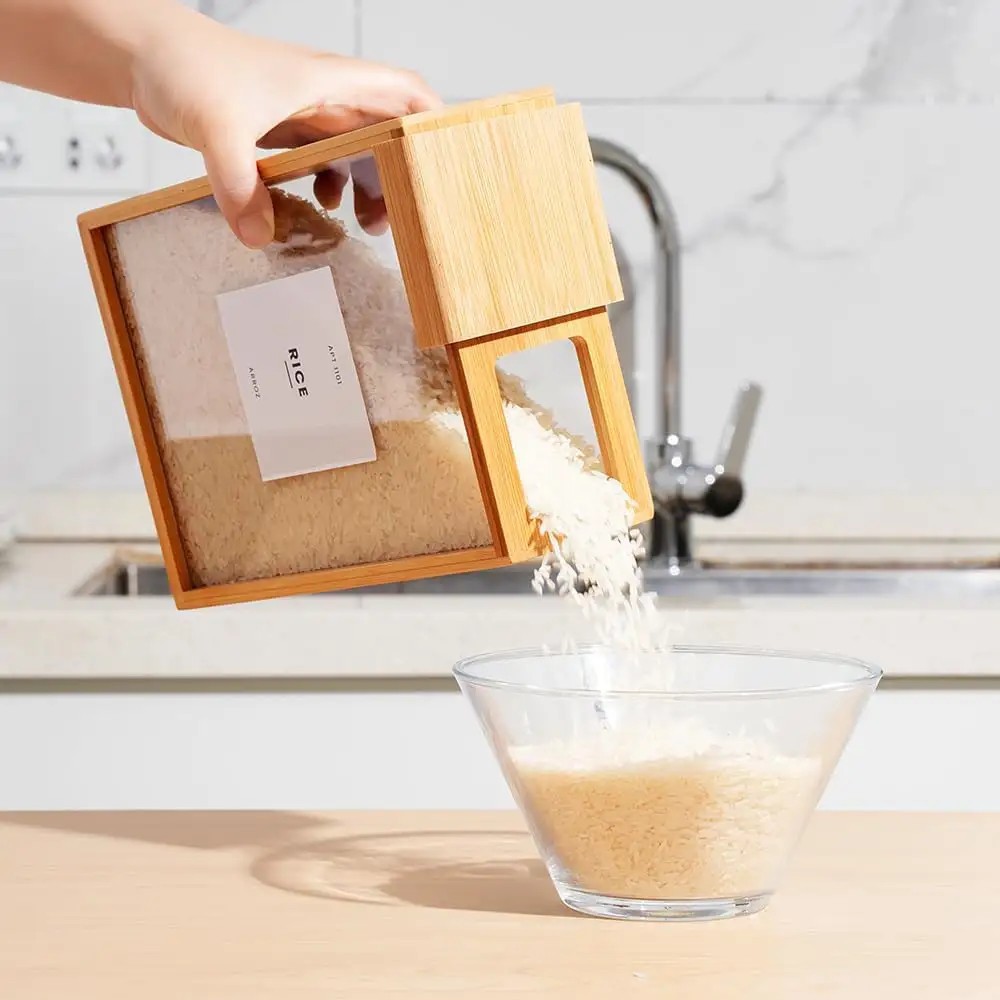 Creative and simple wooden kitchen rice and flour food storage box, multi-functional multi-functional grain dispenser and organization box