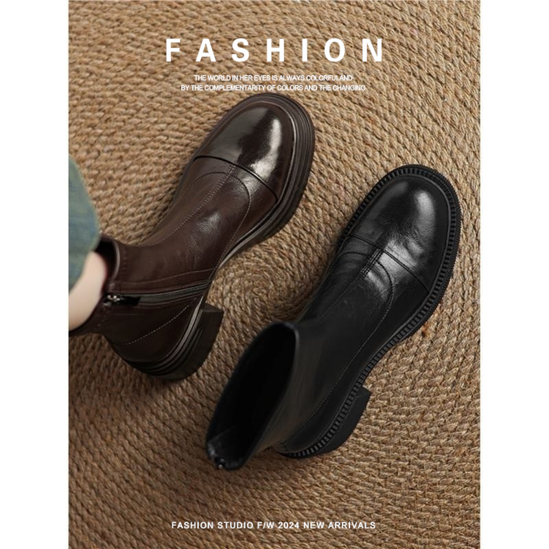 头层牛皮真皮弹力新款瘦瘦靴大码粗跟高跟短靴女秋冬厚底马丁靴