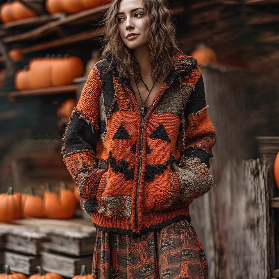 Cross-Border Autumn And Winter New European-Style Halloween Parody Digital Print Zipper Pumpkin Hooded Imitation Knitted Sweater