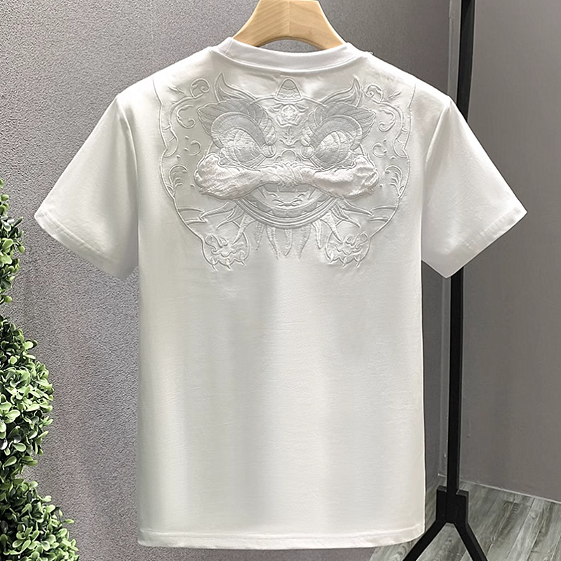 Chinese trend lion dance embroidery short-sleeved T-shirt for men, summer round-neck half-sleeved American retro loose casual top T-shirt Specification image