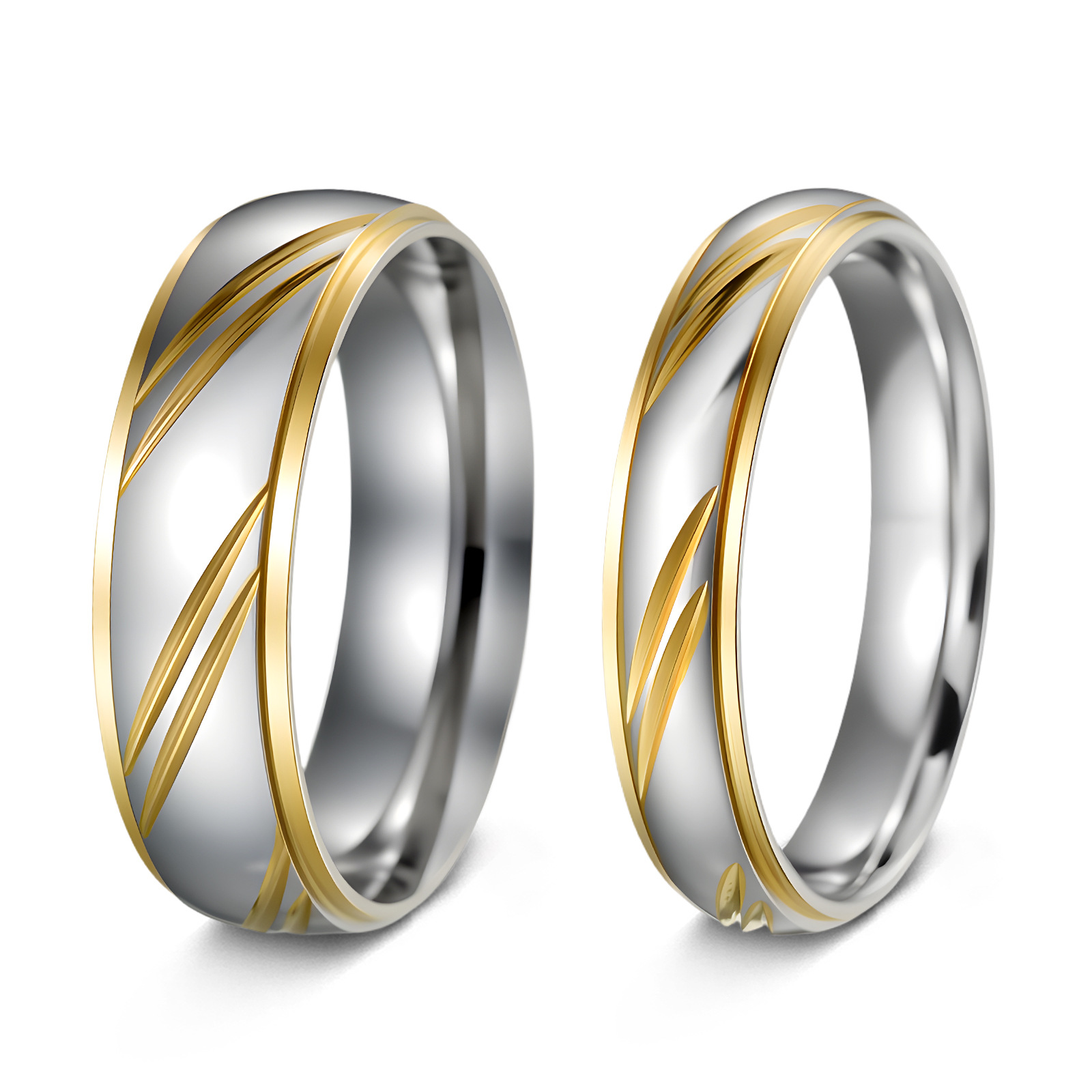 Cross-border stainless steel couple rings, golden diagonal diamond-encrusted rings, European and American fashionable wedding rings for men and women