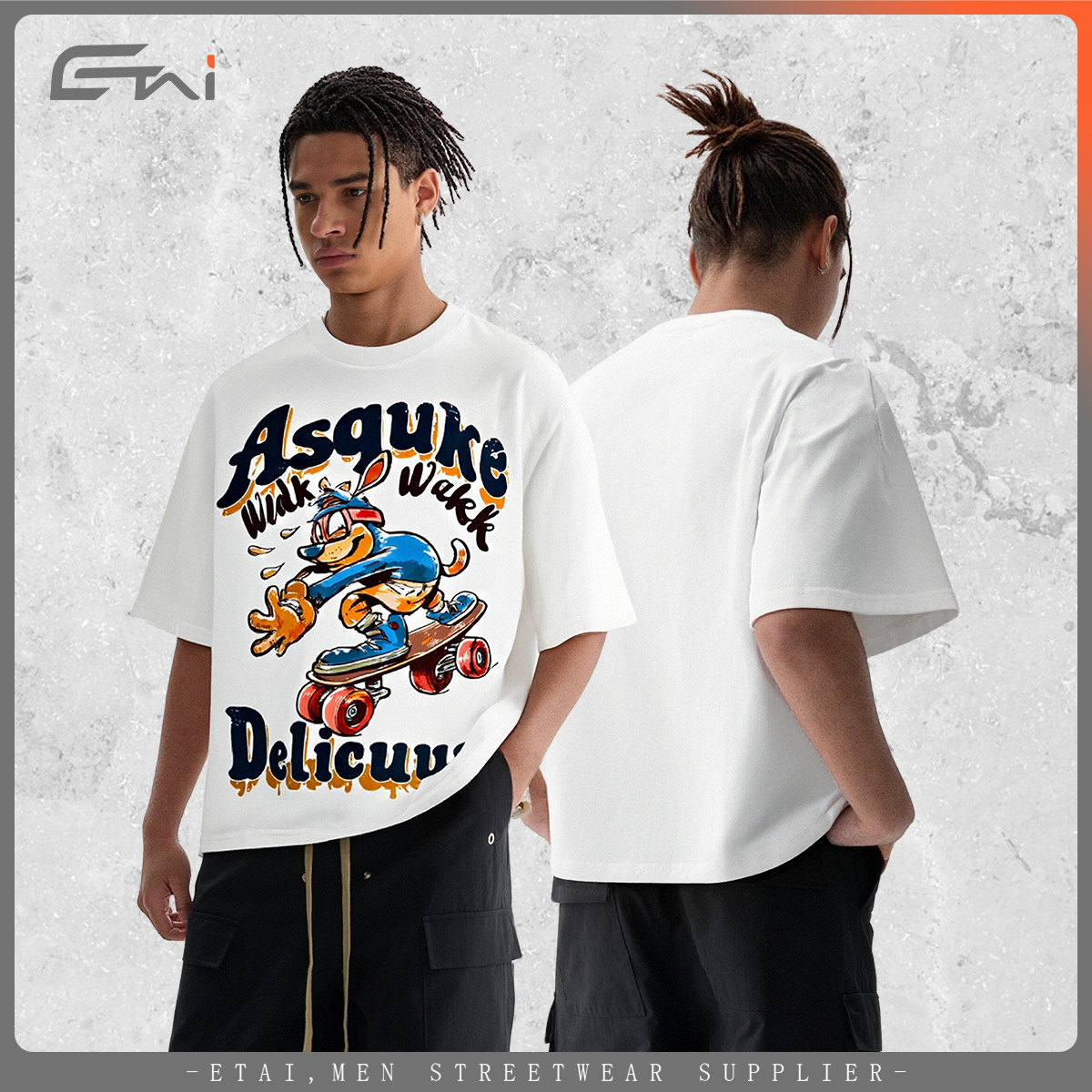Fashionable printed T-shirt, white short-sleeved, cartoon duck, skateboard pattern and text, custom advertising clothes for men and women Specification image