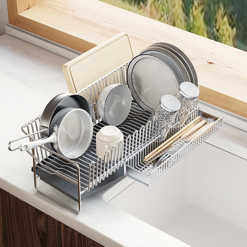 304 stainless steel draining rack, kitchen bowl rack, sink side dish and tableware storage rack, no installation required countertop storage rack Specification image