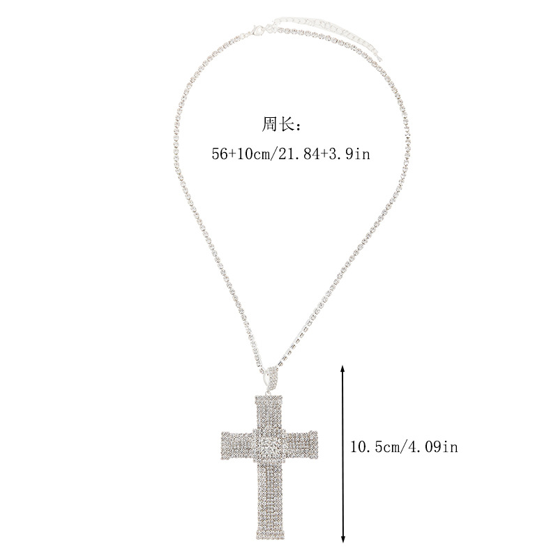 This is a new cross-border necklace from Europe and America. It features an exaggerated cross water diamond necklace, a unique and trendy long pendant, and a grand, shiny necklace with full diamonds Specification image