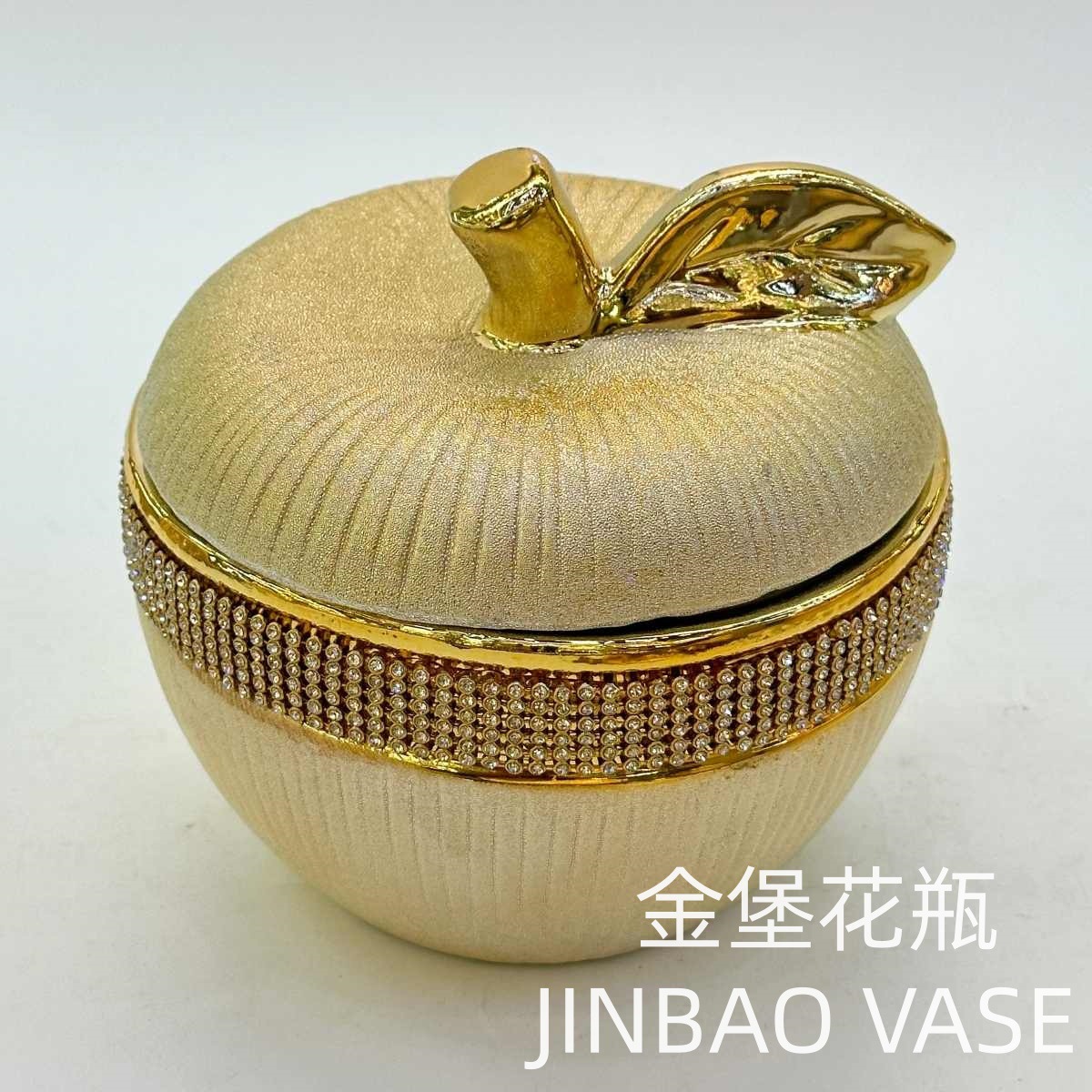 Apple-shaped light luxury electroplated ceramic storage tank with diamonds, snack and dried fruit storage box, creative gold decorative piece