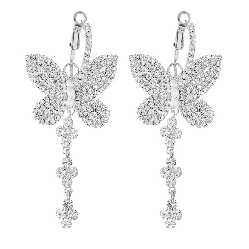 European and American fashion style diamond-encrusted butterfly long tassel earrings, high-end, grand, elegant, exaggerated and versatile earrings Item Picture