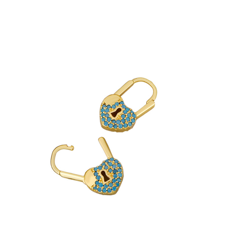 Cross-border source fashion European and American cold style heart-shaped lock earrings, women's brass plated with real gold and slightly inlaid zircon color preservation earrings Item Picture