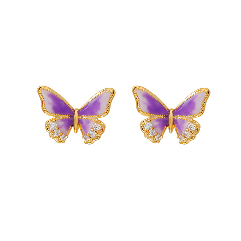 Hyacinth original design enamel drop glaze taro purple butterfly stud earrings ins Small, elegant, sweet and light luxury commuter earrings for women Item Picture