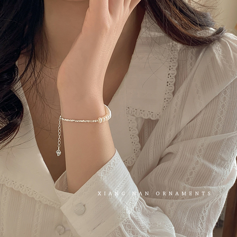 淡水珍珠手链碎银子纯银半银半珠手饰简约小众设计女银饰几何设计