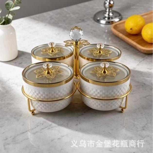 High-quality appearance level four-compartment ceramic snack can, crystal handle nut storage box, wedding souvenir fruit box supply details Picture