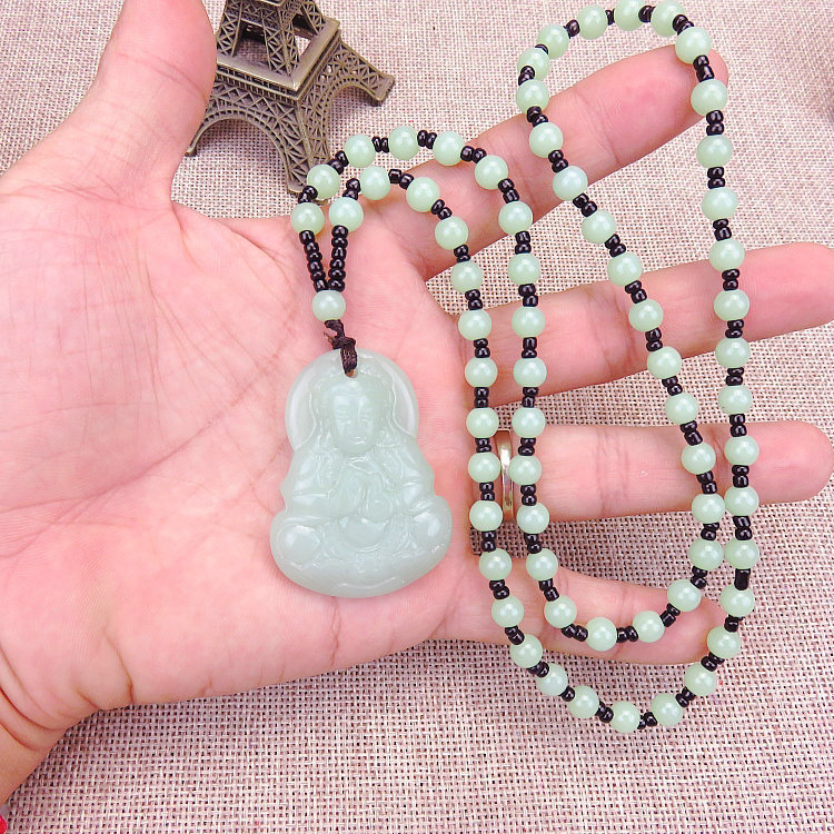 Imitation jade Guanyin Buddha pendant, long Maitreya Buddha sweater chain pendant, women's live-streaming sales fair, street stall gift glass necklace Specification image