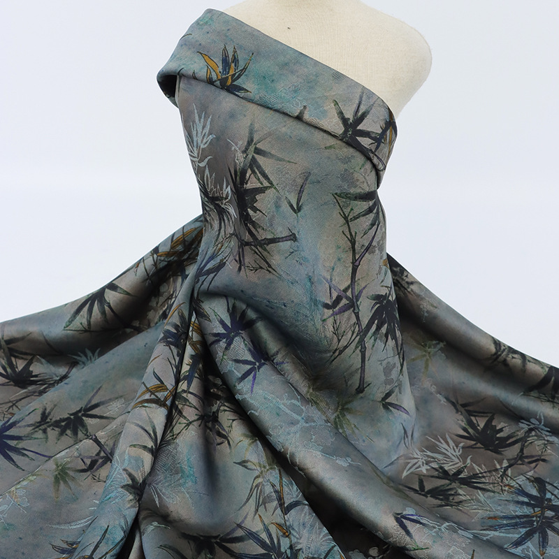 爆款全人丝提花香云纱双面印花丝绸竹国风旗袍连衣裙面料现货