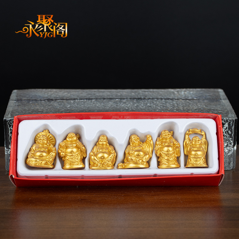 Wholesale imitation copper Maitreya Buddha six-person set Laughing Buddha figurehead, Buddha statue Zen living room entrance hall living room home craft decoration details Picture