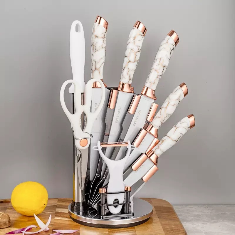 Cross-border best-selling stainless steel double electroplated head marble-patterned belt rotating base nine-piece household kitchen knife set Specification image