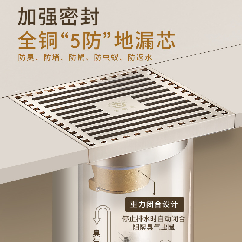Old Coppersmith pure copper floor drain, cream wind large flow volume floor drain, washing machine, bathroom, shower, all-copper floor drain, anti-odor Specification image