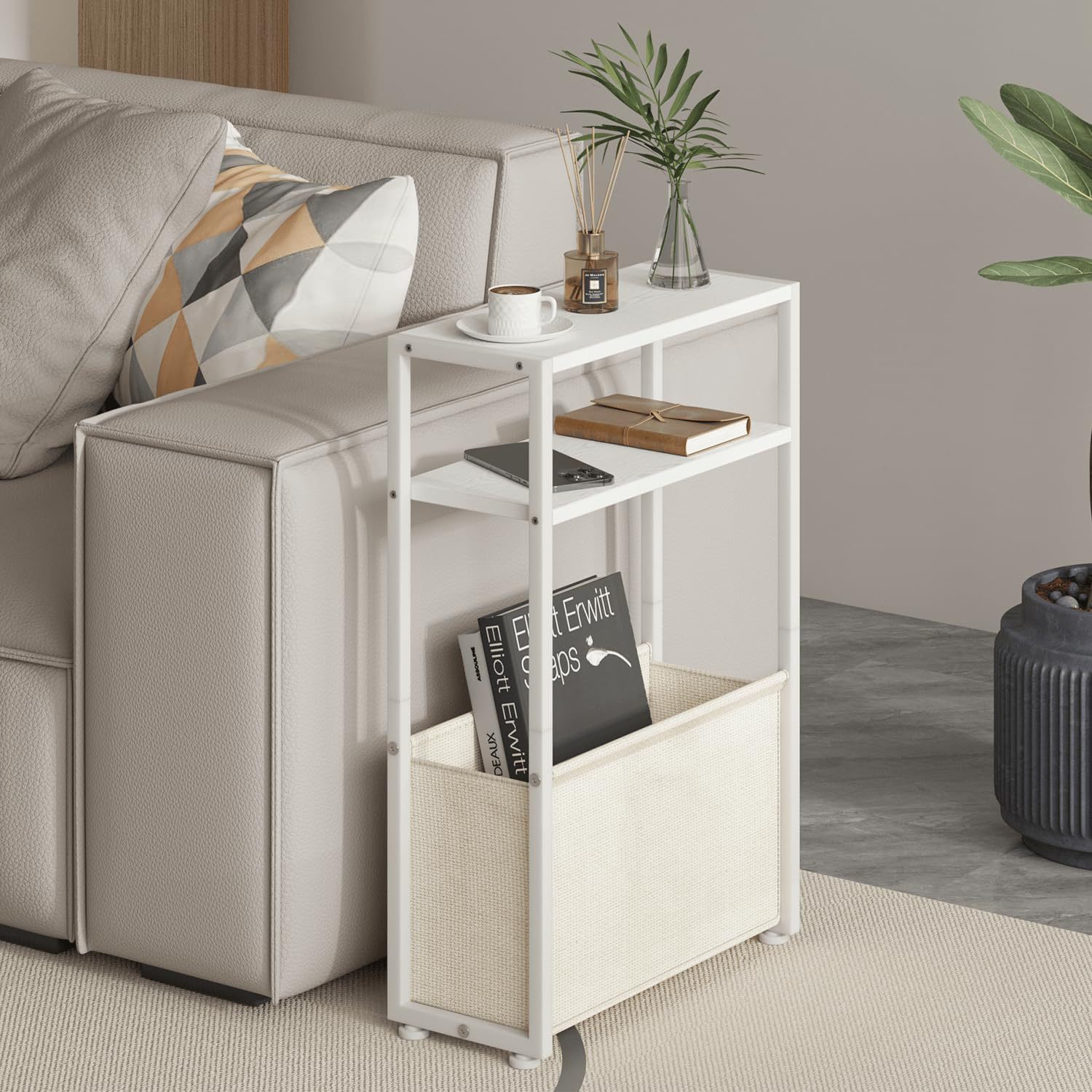 A few tables beside the sofa in a modern and simple style with storage baskets. Made of iron and wood, it is a small space living room that can be moved beside the sofa details Picture