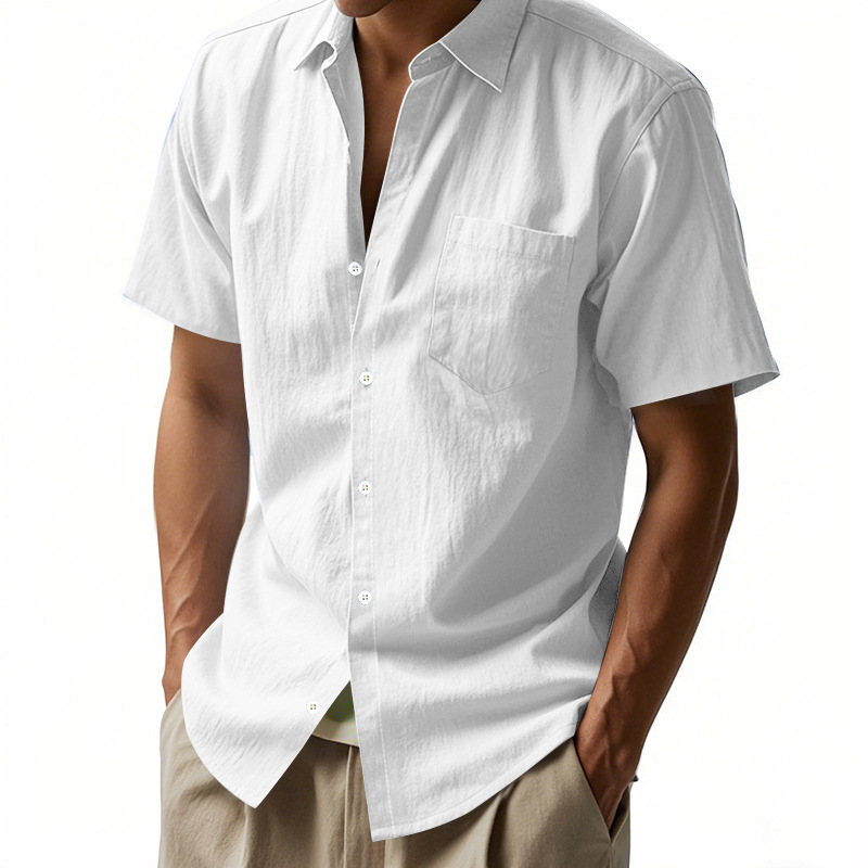 New solid-color linen shirt for men on cross-border Amazon, short-sleeved, lapel, loose and casual pocket American shirt for men in summer Specification drawing