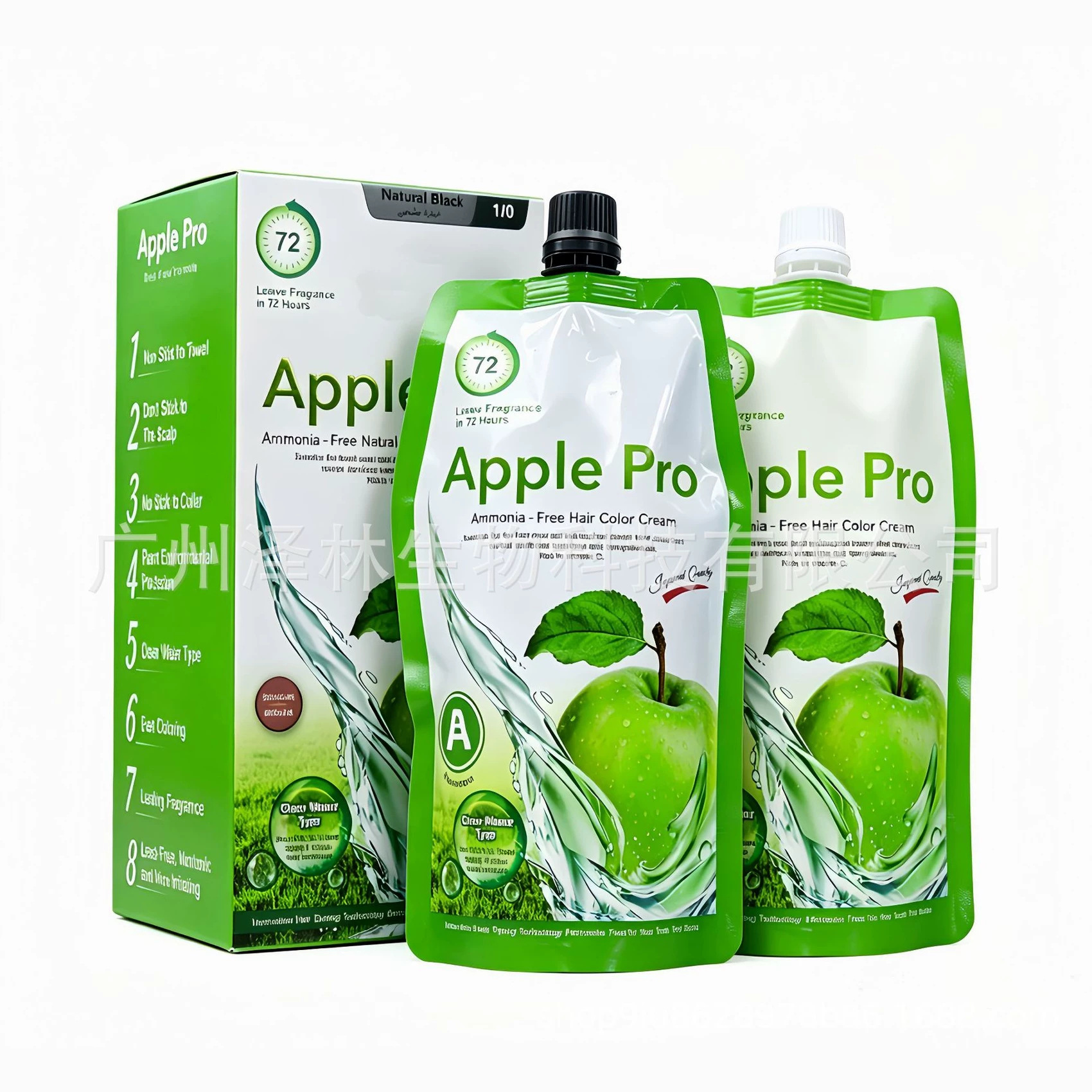 OEM迪拜热销苹果袋装染膏500ml*2Apple Hair Dye Cream清水黑发霜不沾头皮72/96小时