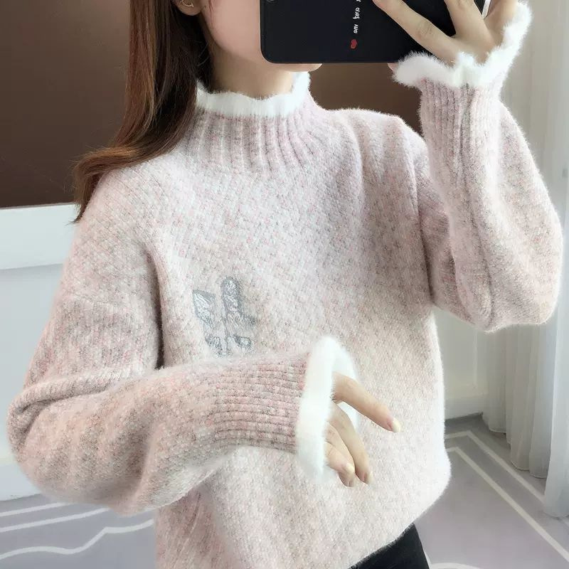 2026 New style of women's autumn and winter thickened sweater, 12-17 middle school and high school students, semi-high neck, versatile and laid-back base layer Specification image