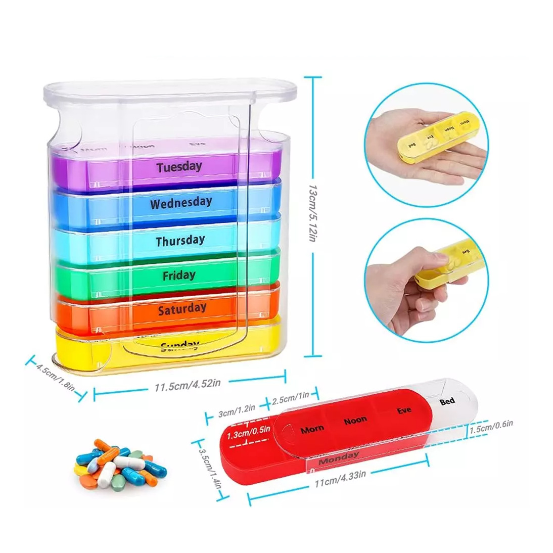 One-week pill storage box, sealed portable 28-compartment medicine box, pill dispensing box, Rainbow new pull-out medicine box details Picture