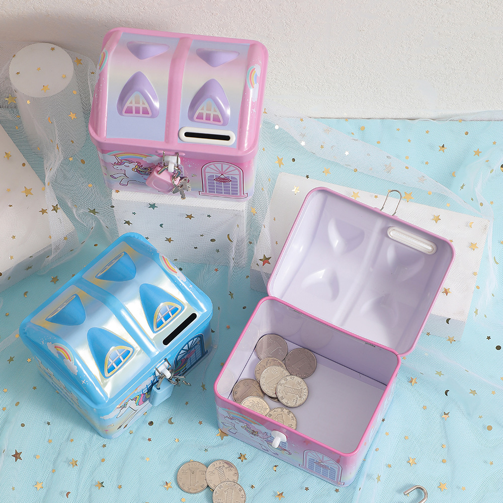 Cross-border new dreamy castle piggy bank, children's cartoon unicorn with lock, iron piggy bank, loose change storage box Application Scenario