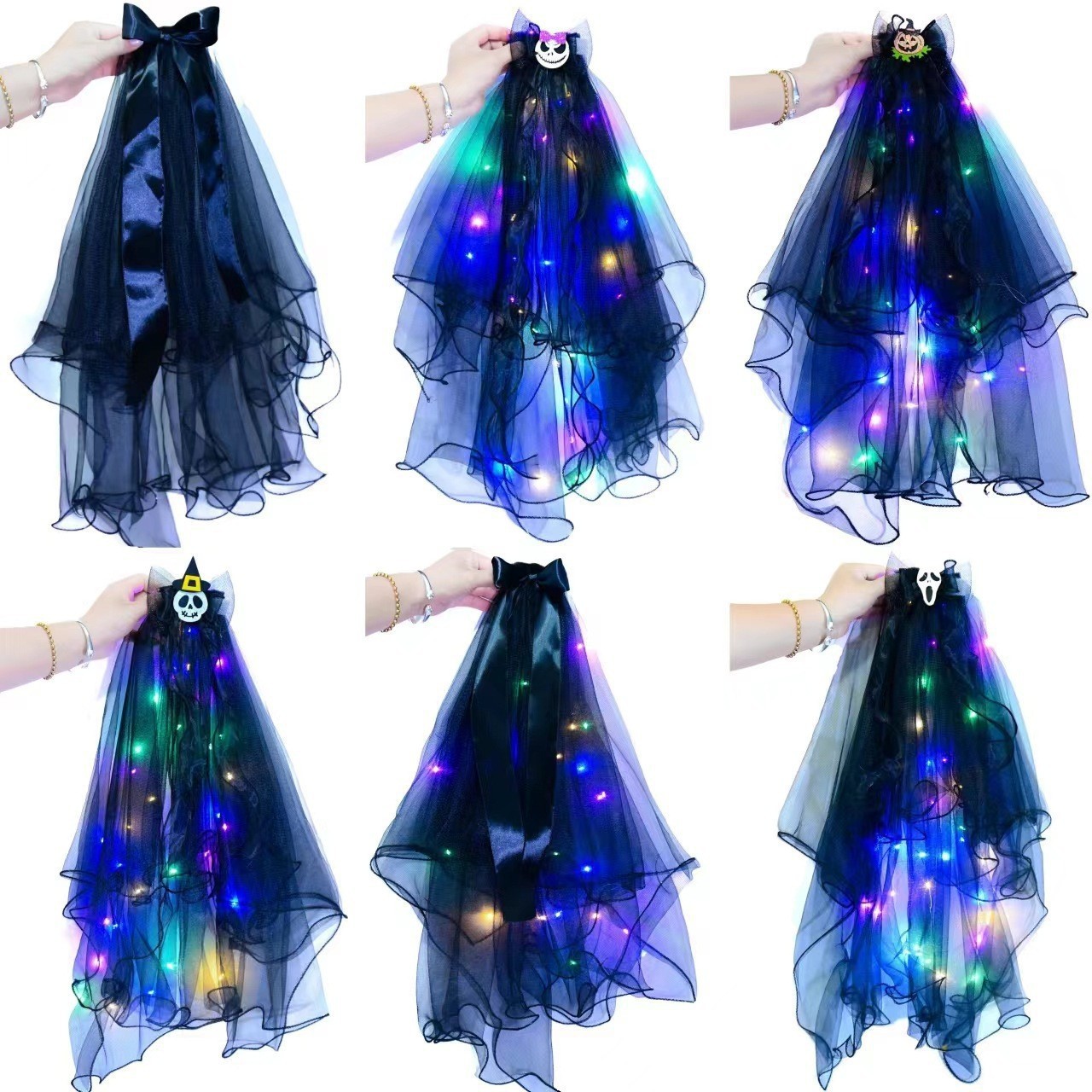 外贸跨境发光黑色头纱超大网纱发饰暗黑蝴蝶发卡会发光万圣节发饰