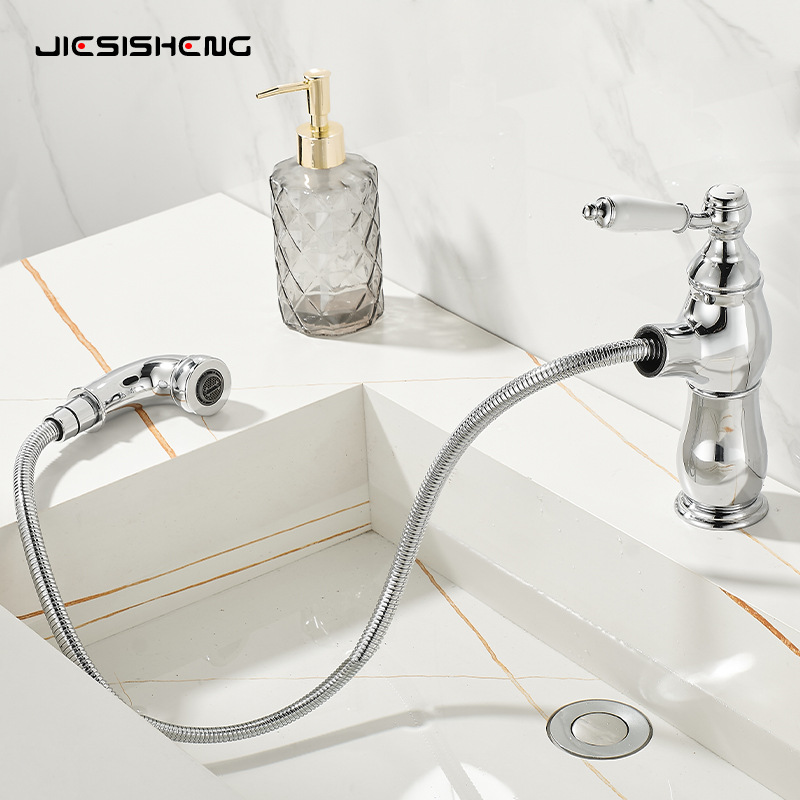 French retro copper washbasin, pull-out faucet, bathroom cabinet, ceramic integrated basin, cold and hot splash-proof faucet details Picture