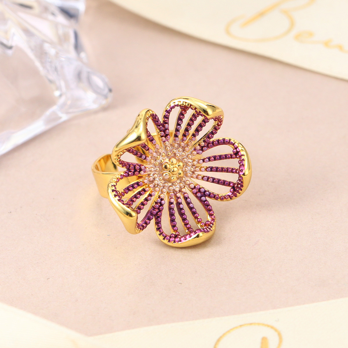 森系珐琅高级感锆石彩色戒指可调节小众设计不掉色花朵指环开口戒产品图