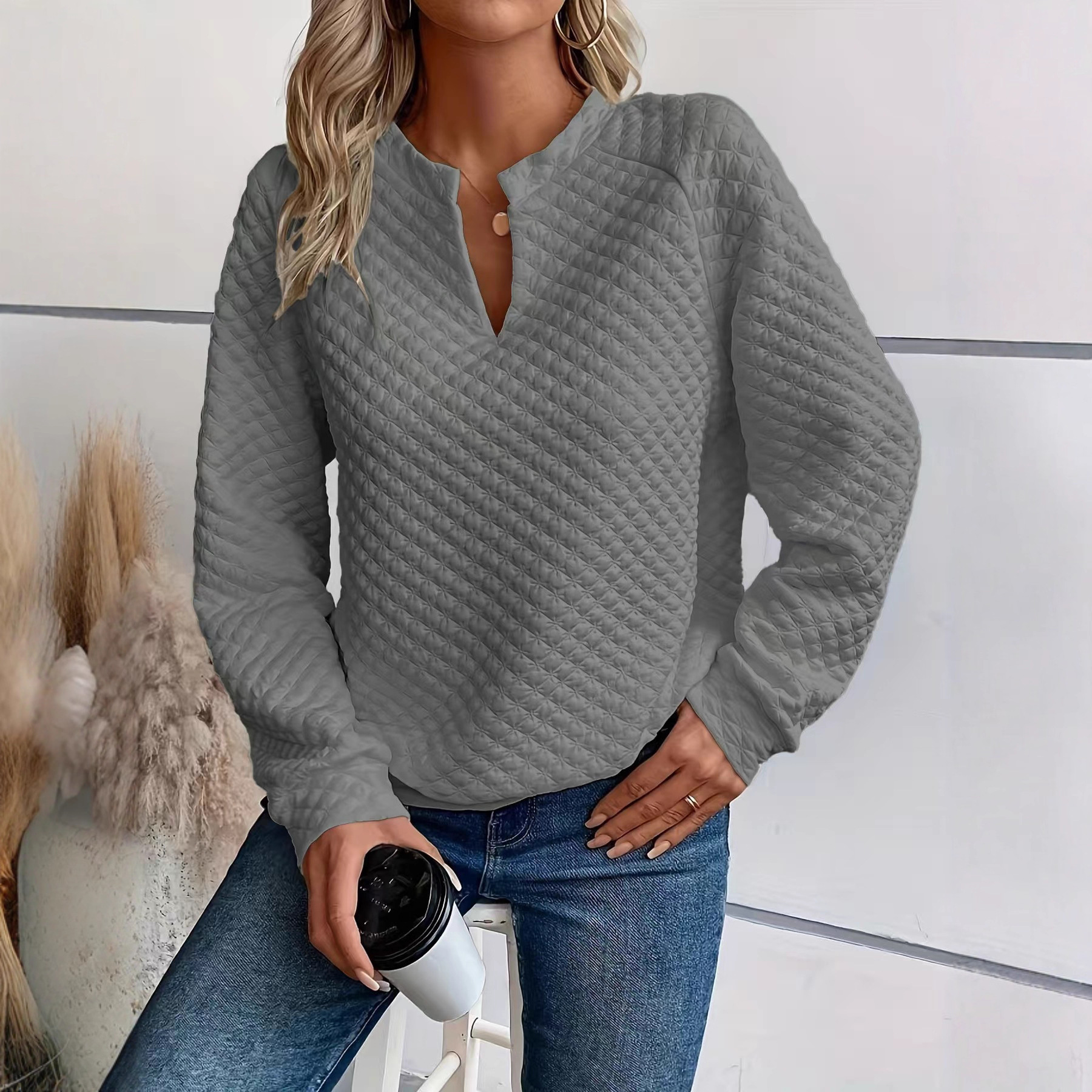 Autumn new 2025 Amazon European and American cross-border women's solid color deep V-neck spliced long-sleeved women's casual hoodie Application Scenario