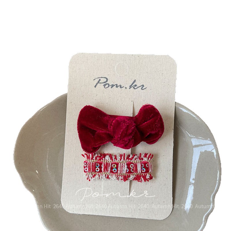 新款韩版秋冬红色系蝴蝶结布艺发夹儿童手工侧边碎发刘海夹发饰女Pom.kr 红色绒面发夹套装 福字糖果蝴蝶结 喜庆可爱新年白底实物图