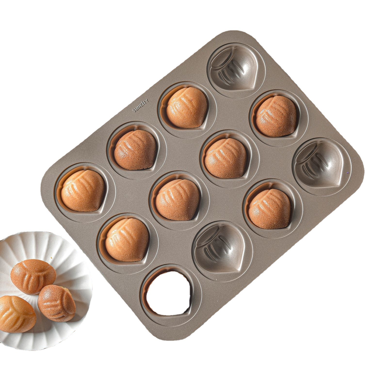 12联栗子蛋糕模具厂家现货创意黄油年糕蛋糕烤盘不粘烤箱烘焙工具白底实物图