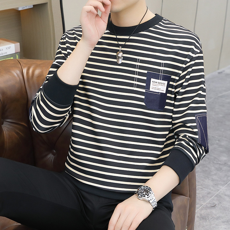 Striped round-neck hoodie for men, spring and autumn loose trendy brand casual base layer, men's style, paired with long-sleeved T-shirt inside details Picture