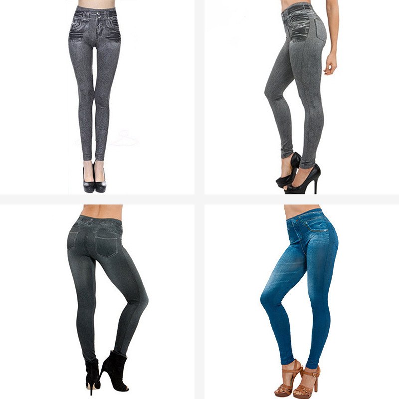 欧美TV购物爆款口袋加绒束身仿牛仔无缝九分打底裤外穿女秋冬紧身产品图