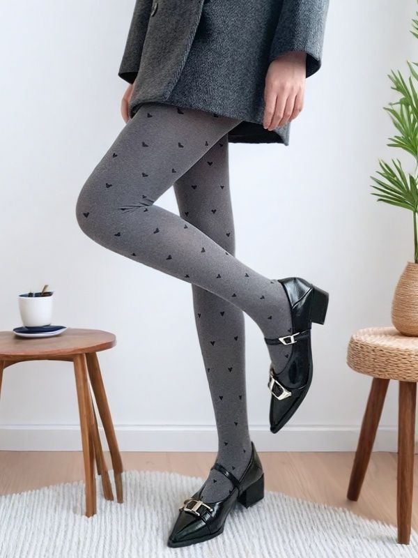 Grey polka dot silk stockings, spring and autumn thickened base socks, women's versatile retro heart-shaped velvet pantyhose Item Picture