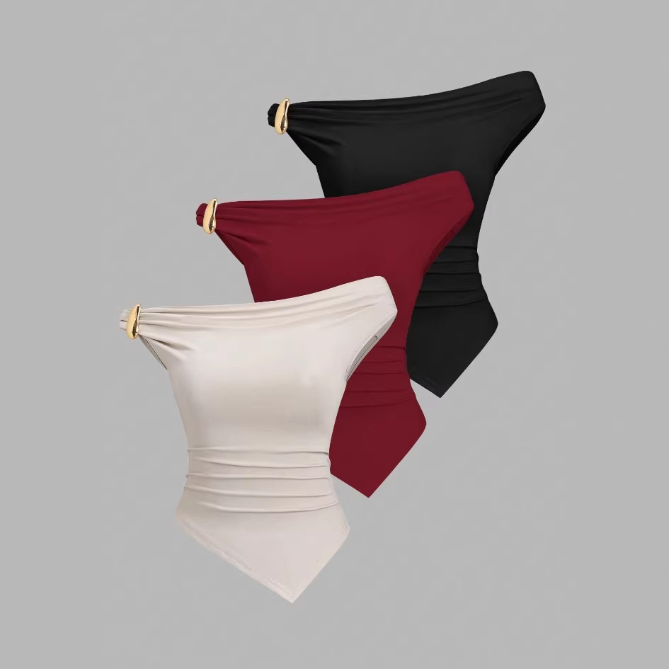 2025 New retro solid color simple and fashionable short-sleeved T-shirt slimming short top details Picture