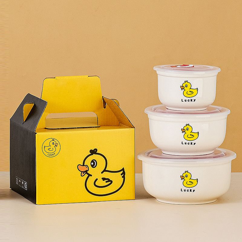 Little Yellow Duck Gift Set, wholesale of three-piece fresh-keeping bowls with LIDS, sealed bowls, household instant noodle bowls, and opening souvenirs