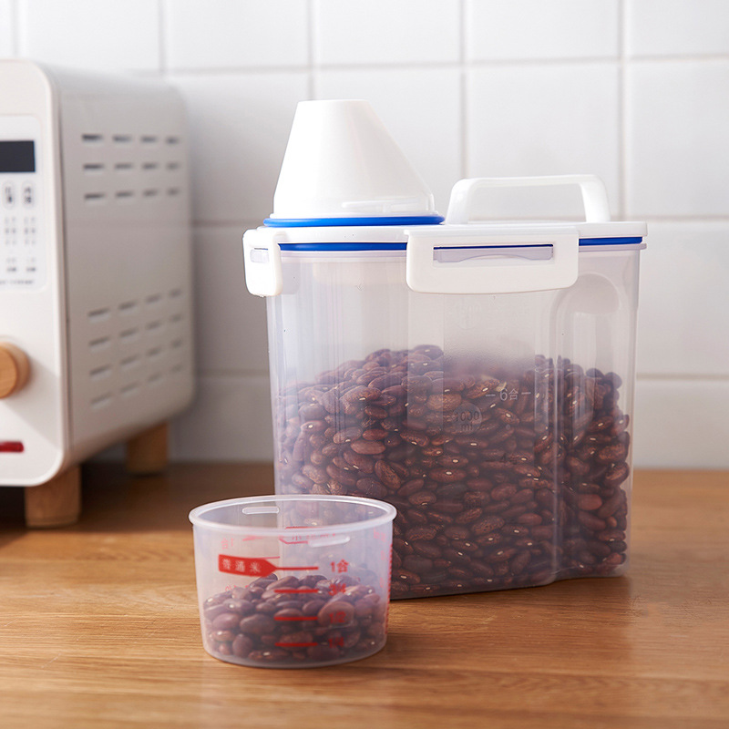Factory direct sales of portable rice buckets with measuring cups, transparent anti-insect and moisture-proof kitchen storage jars, and sealed jars for grains and cereals Specification image