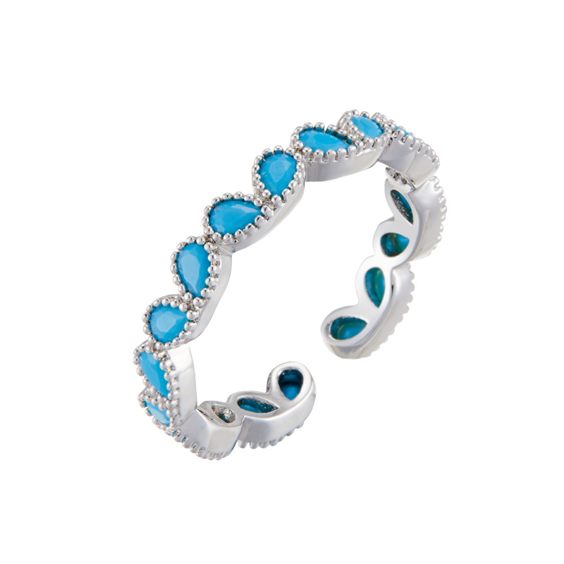 Francés ligero lujo azul turquesa corazón anillo abierto aleación de cobre con zirconia anillo de dedo índice ajustable niche anillo de dedo versátil Item Picture
