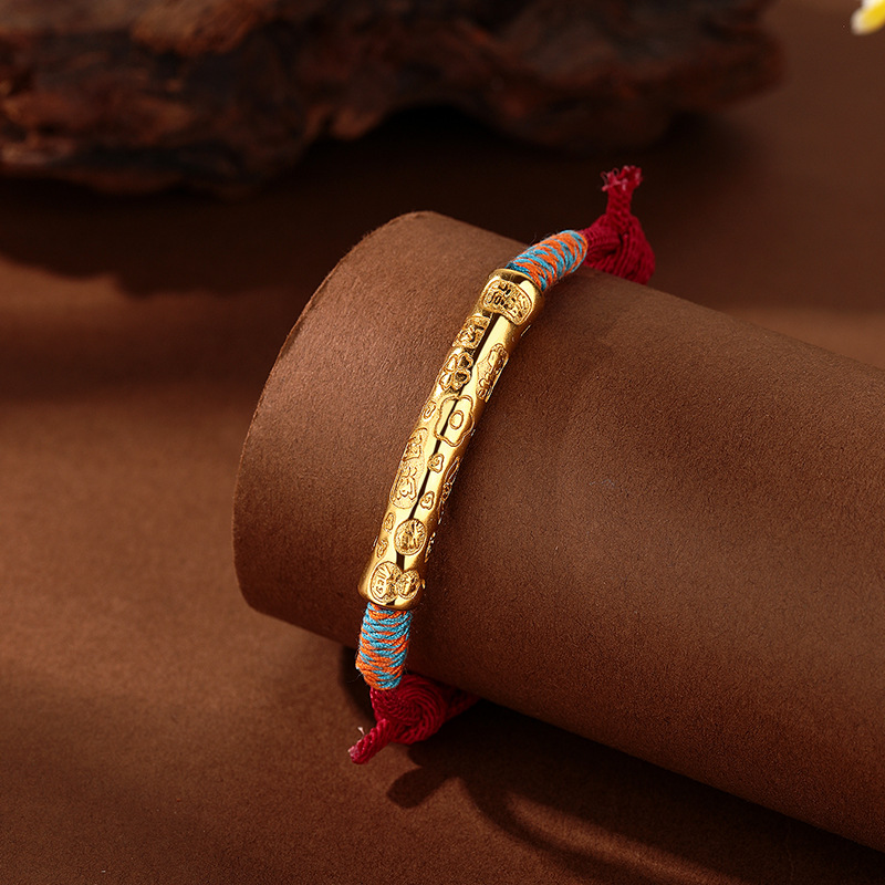 The red string bracelet is creatively woven for peace and joy. It is a copper gold-plated six-character mantra with auspicious words and a red sand Chinese style Application Scenario