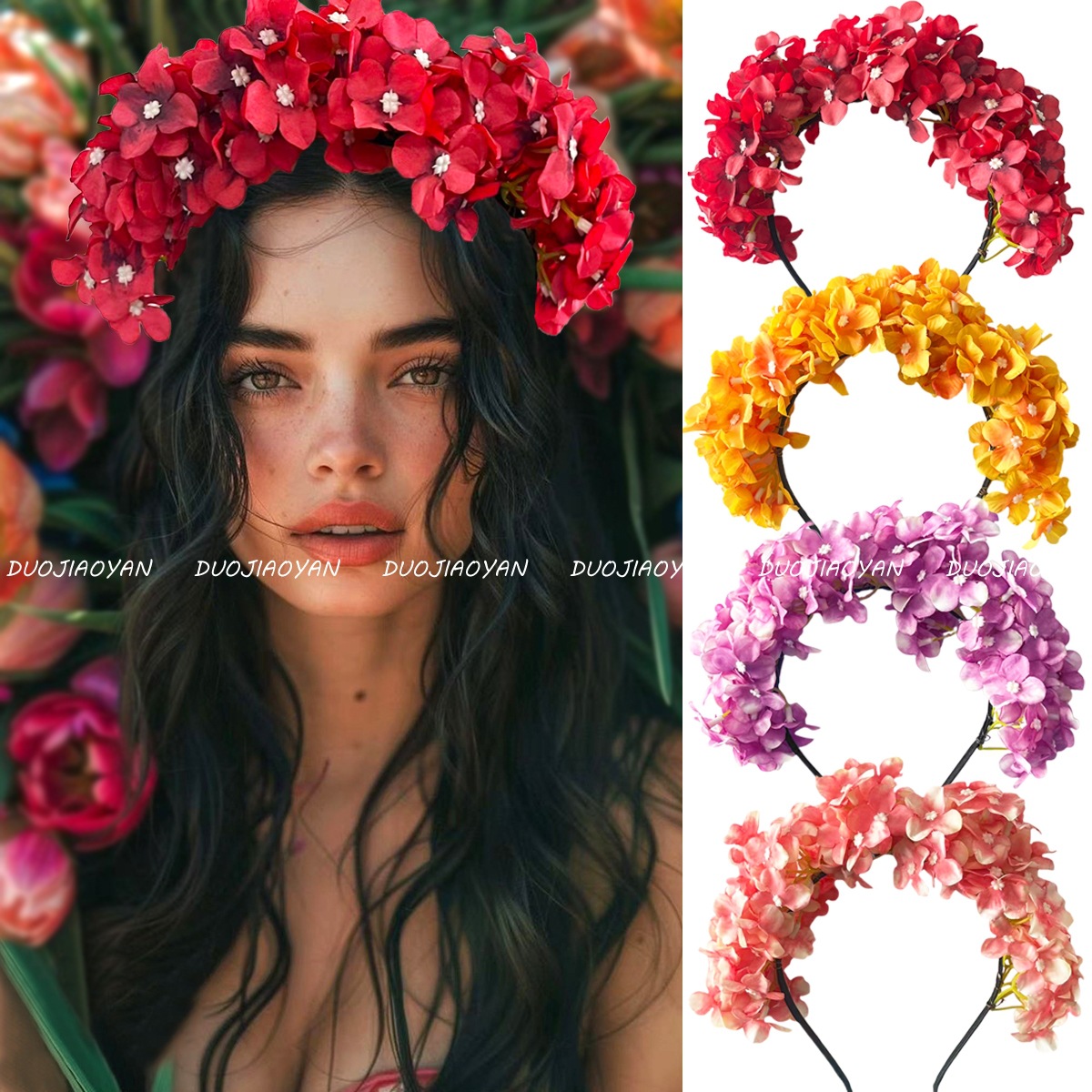 Cross-border European and American simulated flower headbands, high-end and light luxury bride headbands, women's carnival Halloween headwear details Picture