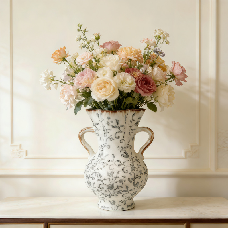 New Chinese-style blue and white porcelain ceramic water bottle vase, living room dining table flower arrangement decoration, homestay soft decoration item, ice crack ceramic vase Application Scenario