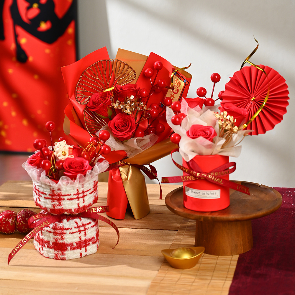 2026新年乔迁大吉装饰摆件仿真花束盆栽纸扇花玫瑰伴手礼礼品批发