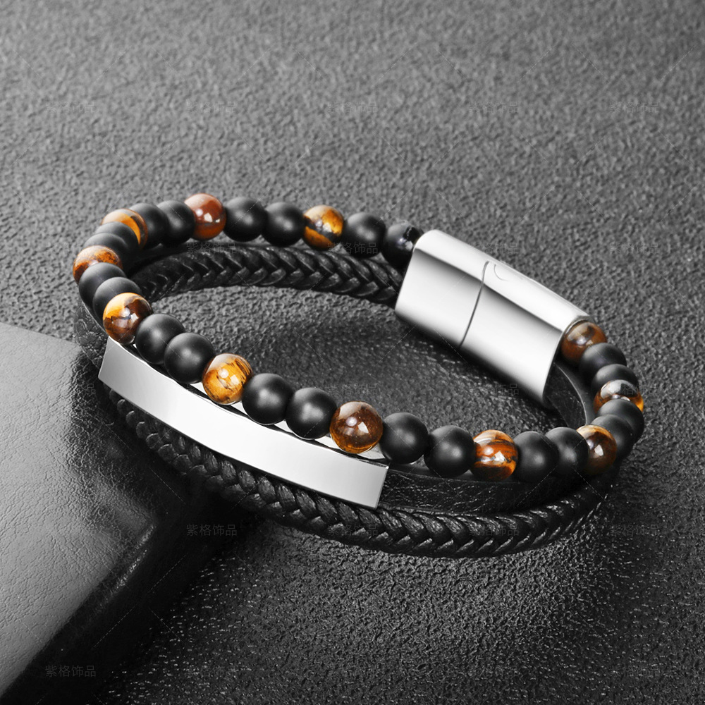 Amazon Tiger's Eye natural stone bead bracelet, leather rope woven bracelet, multi-layer men's cowhide black bracelet Application Scenario
