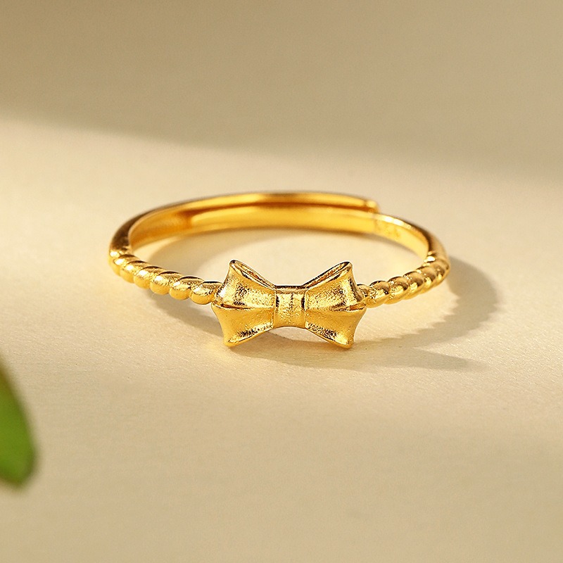 Women's simple sand gold bow ring, copper gold-plated, fashionable, versatile, high-end, light luxury open ring details Picture